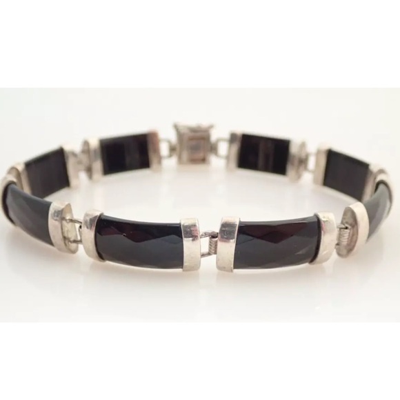 Heng Ngai HN Signed Faceted Black Onyx Link Sterling Silver Bracelet - Picture 1 of 7